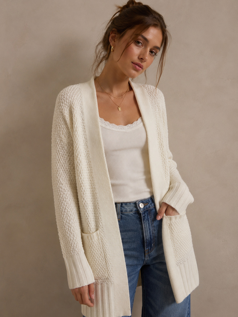 Women's White Open Long Duster Cardigan Sweater SZ M Pockets Preppy Soft Girl